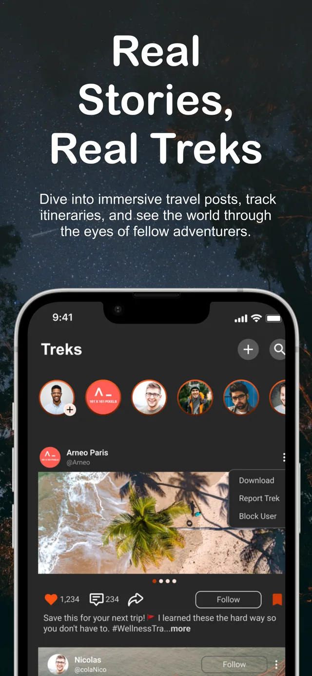 Trekmara app screens showing traveler reels (1 of 2)
